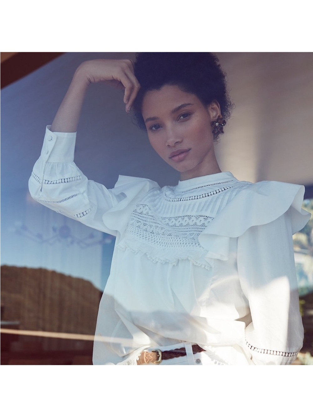 J. Crew White Lace Yoke Ruffle Long-Sleeve Blouse Size M Like new